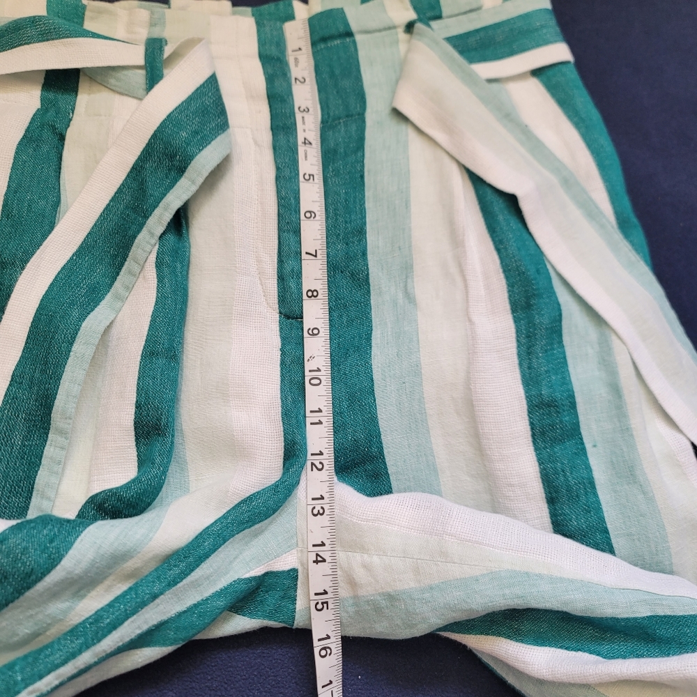 J.CREW Paper Bag Linen Pant In Cabana Stripe Women's Size10 Turquoise Jade White - Picture 12 of 16
